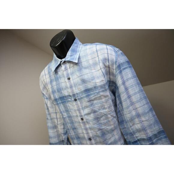 Banana Republic 100% Linen Button Up Shirt Plaid Long Sleeve Mens Sz Large - Picture 2 of 11